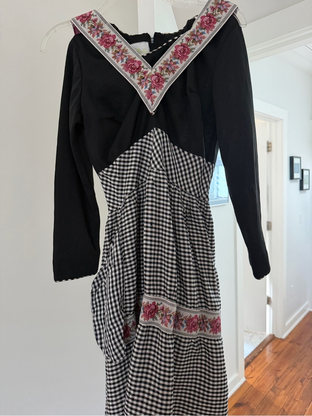 VINTAGE 60s-70s era Jane Martin Midi Dress with Pink Floral Trim